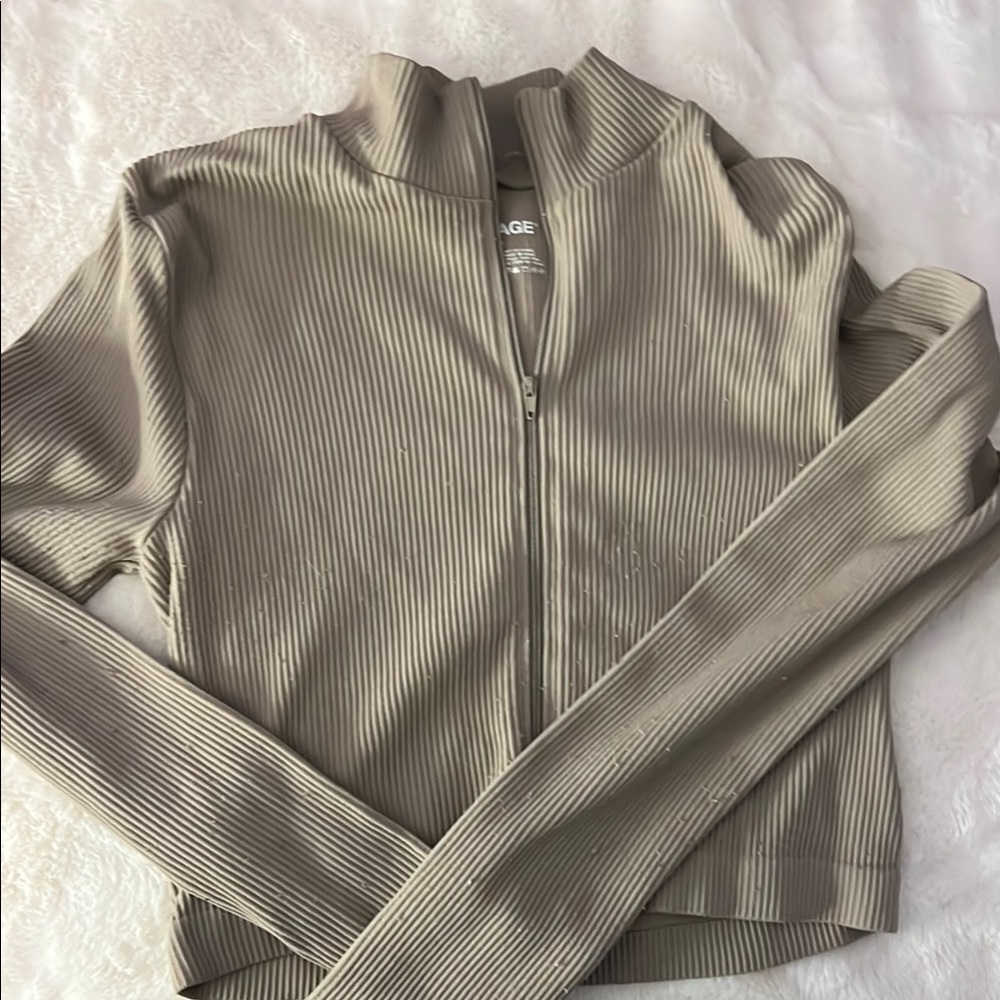 Ribbed Beige Zip-Up Jacket